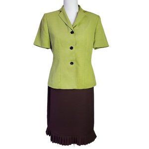 Le Suit Womens 2 Pc Skirt Suit Size 8P Green Brown Single Breasted Jacket Pleat